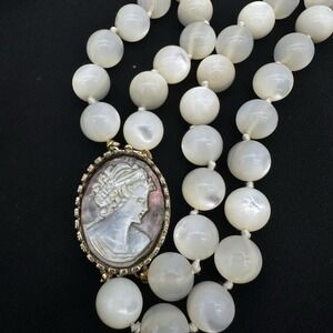 Antique Vtg Carved Cameo Necklace Double Strand Hand Knotted Mother Of Pearl 24"